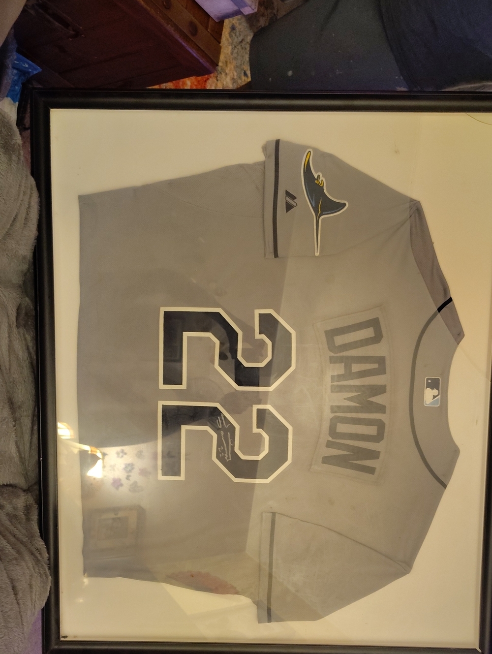 Framed Gray Baseball Jersey - Damon #22